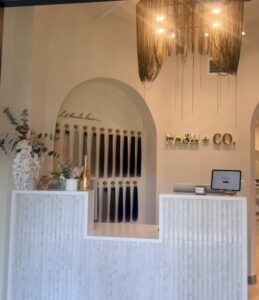 Salon reception area with hair extension color swatches at Annie Miller's salon in Franklin, TN