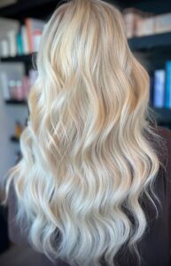 Long, full bright blonde hair styled in soft waves by Annie Miller, Franklin, TN hairstylist